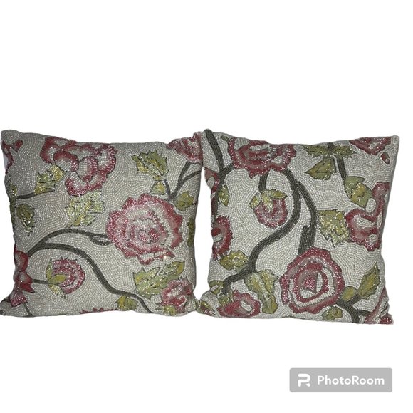 Primrose Vintage Other - PRIMROSE VINTAGE Set of 2 Floral Pink Rose Beaded 12” Throw Decorative Pillows